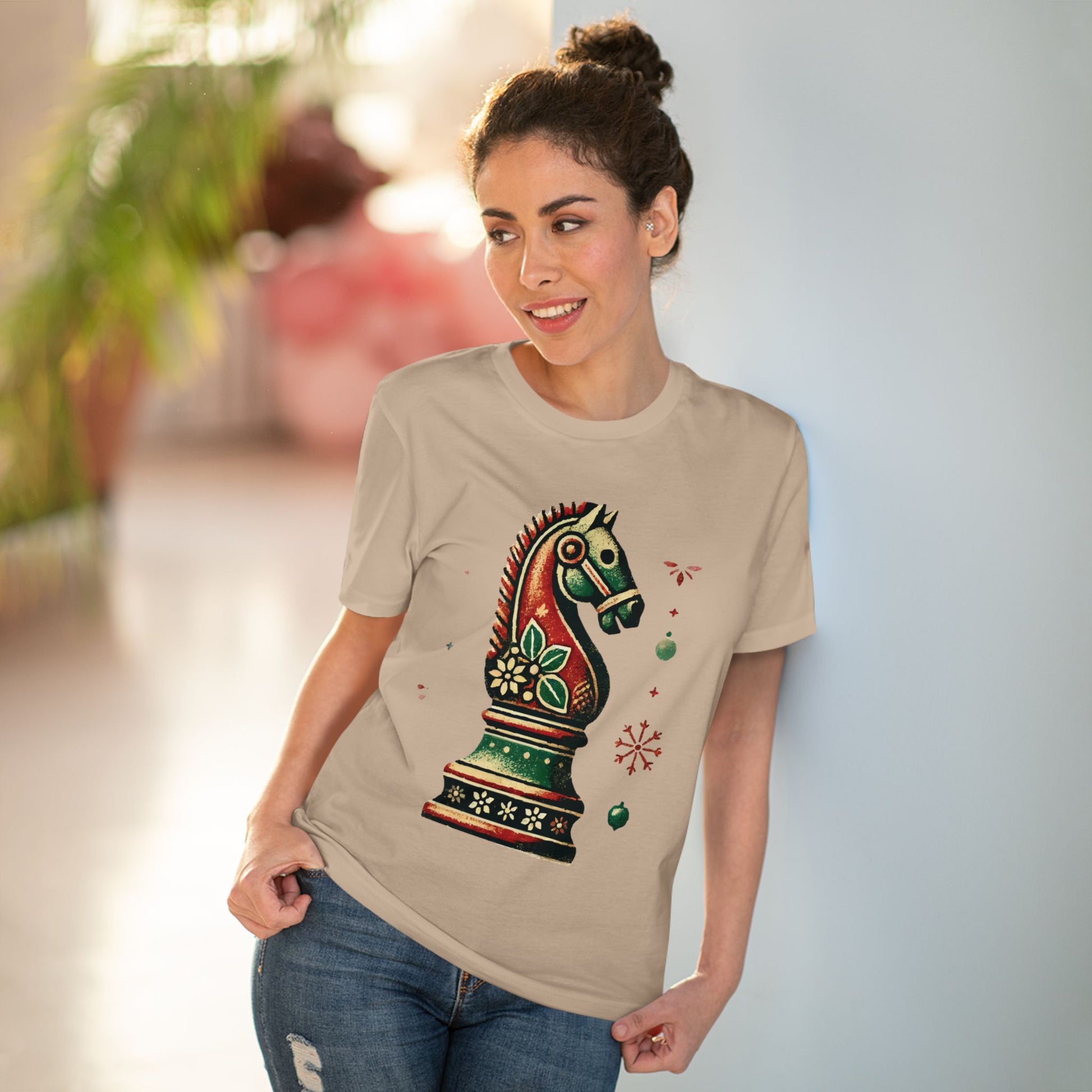 Camiseta Unisex de Algodón Orgánico con Diseño de Caballo Vintage Navideño   T-Shirt