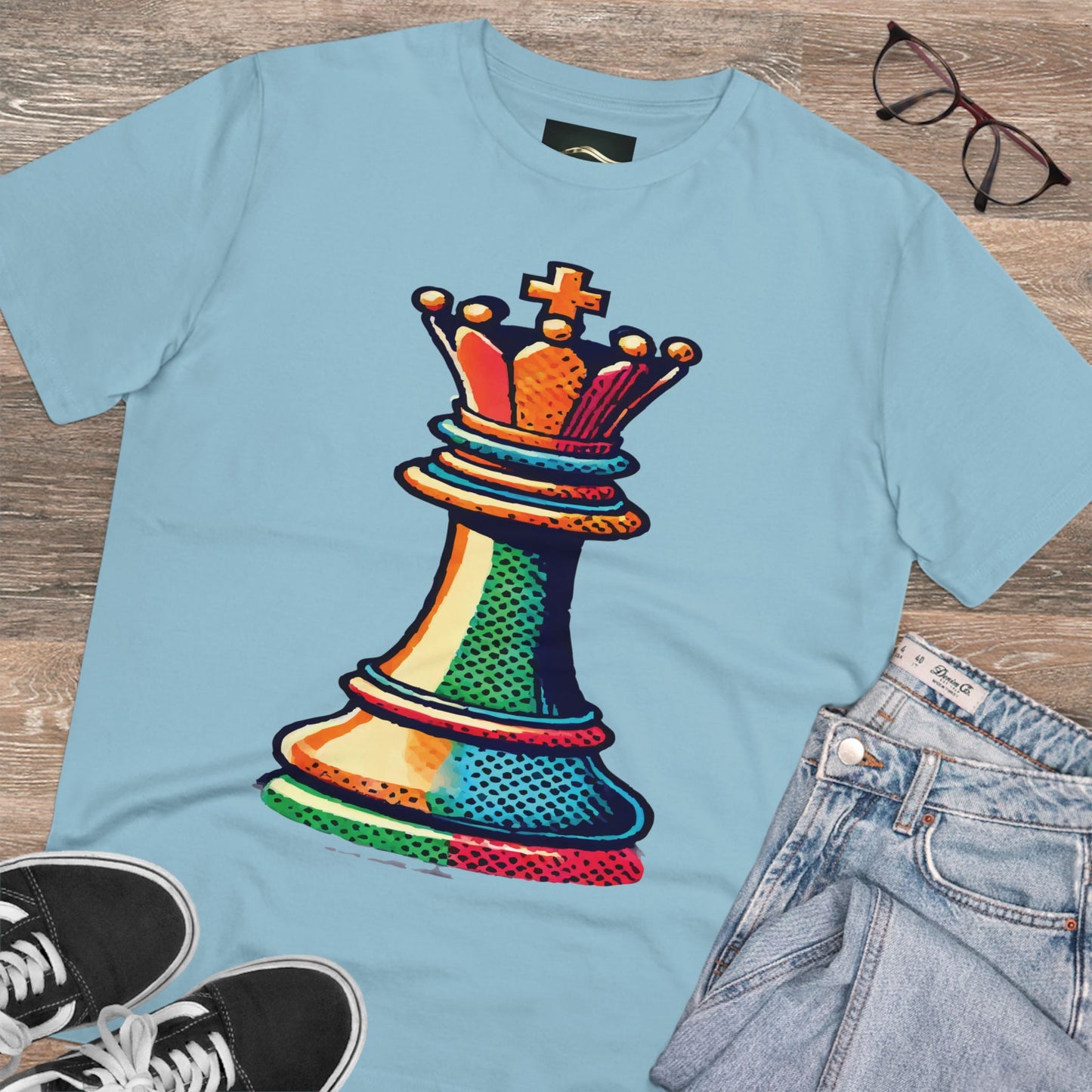 “Camiseta Unisex Rey de Ajedrez – Algodón Orgánico con Diseño Pop Art”   T-Shirt  33.00 Sky-Blue-L