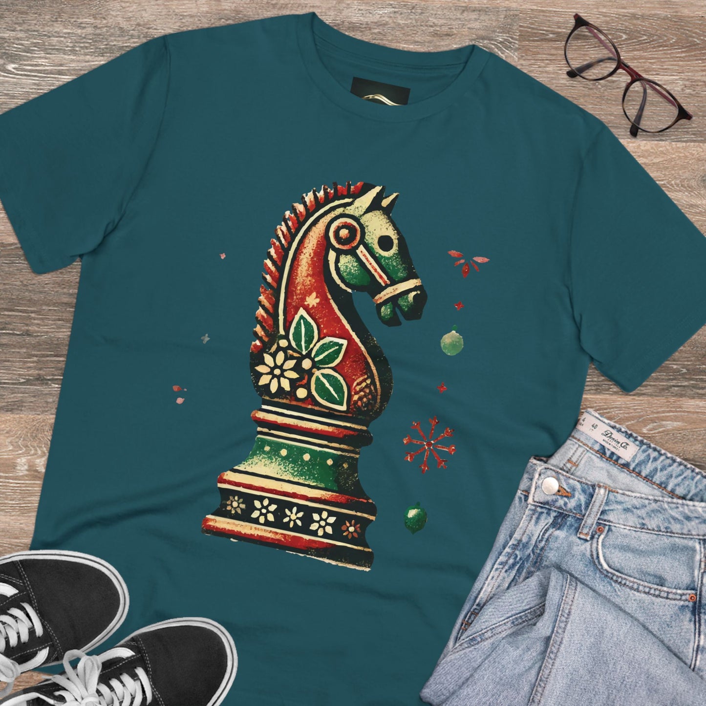 Camiseta Unisex de Algodón Orgánico con Diseño de Caballo Vintage Navideño   T-Shirt