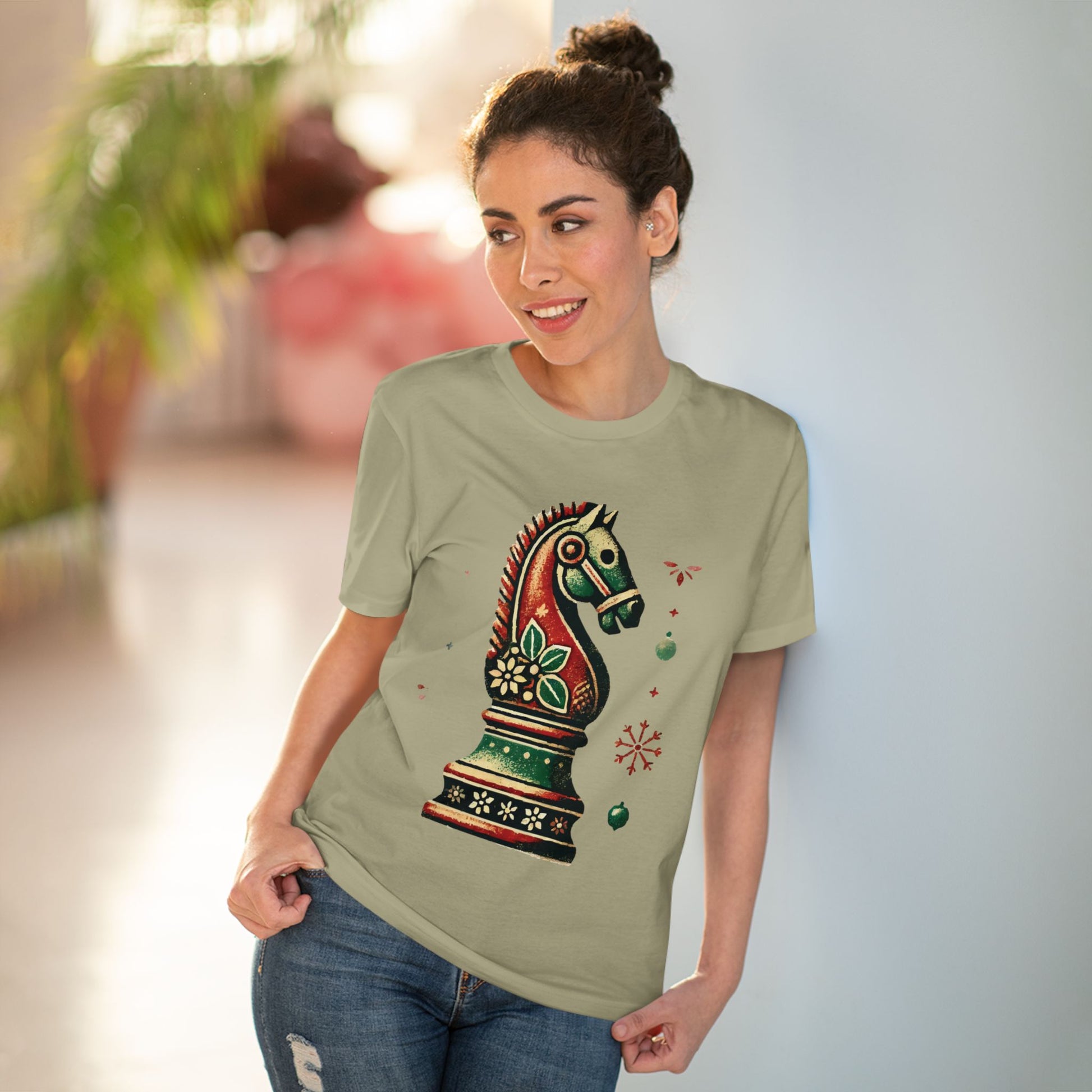 Camiseta Unisex de Algodón Orgánico con Diseño de Caballo Vintage Navideño   T-Shirt