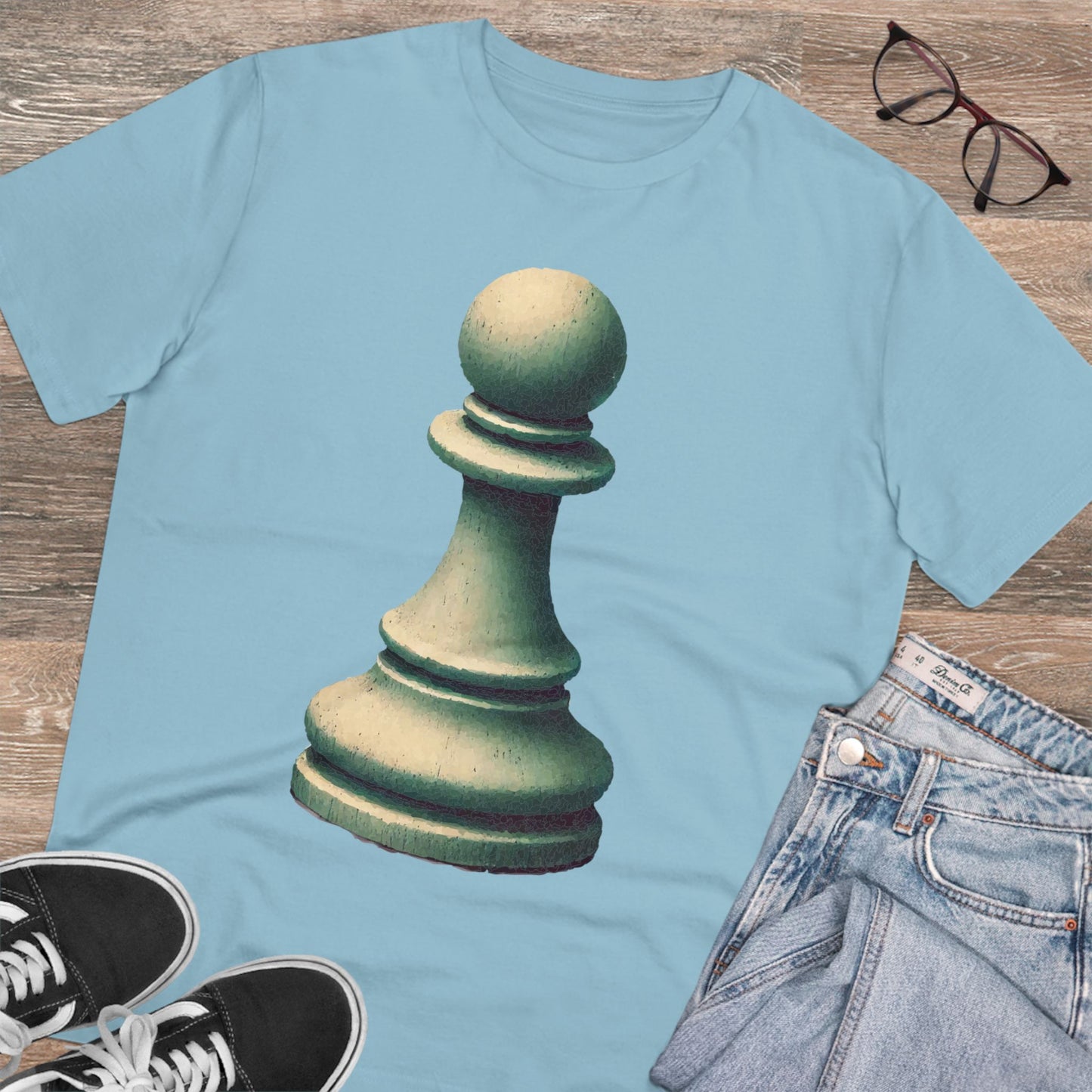 “Organic Unisex T-Shirt – Vintage Pawn Design, 100% Organic Cotton”   T-Shirt  33.00 Sky-Blue-2XL