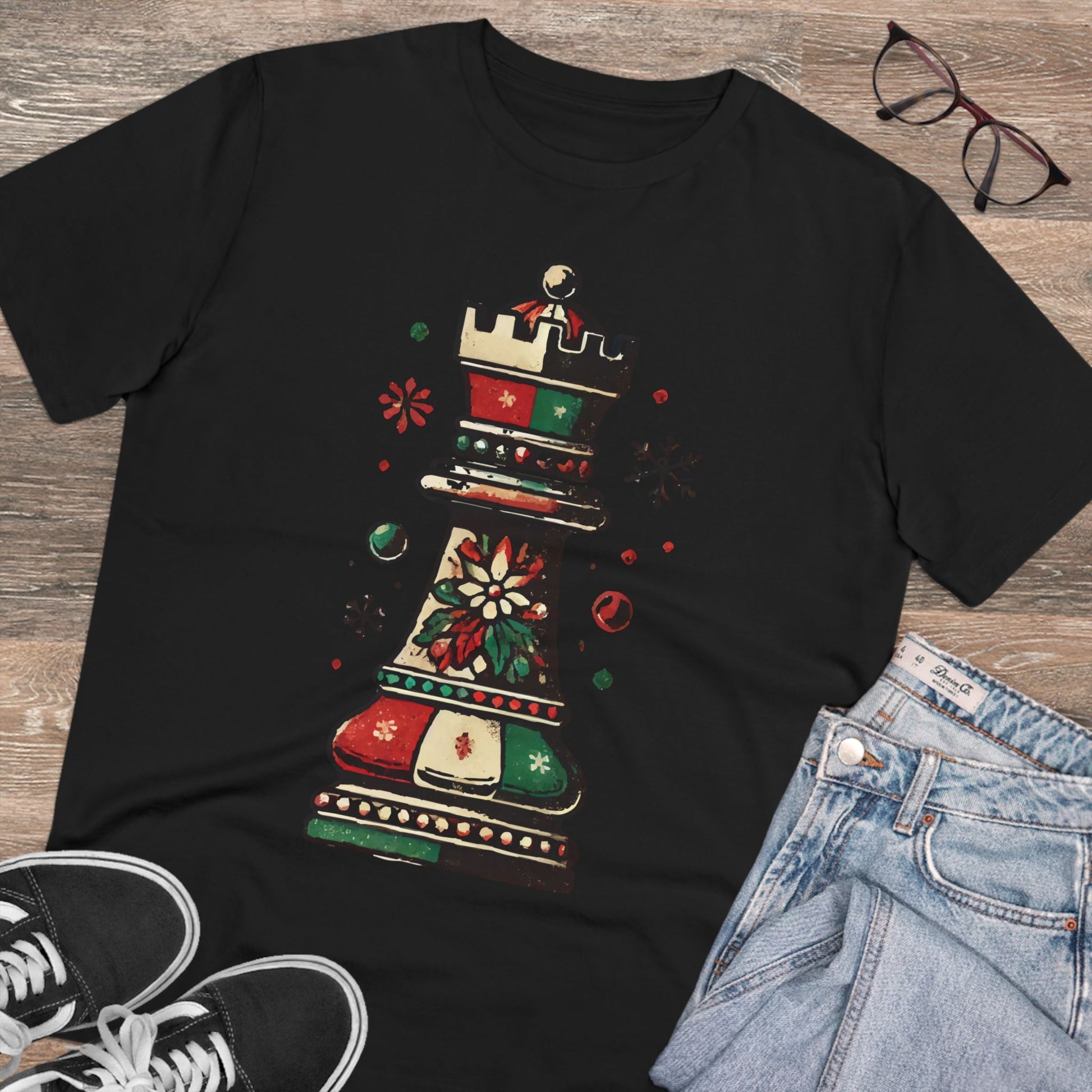 Camiseta Unisex Orgánica Torre de Ajedrez Vintage Navideña - Edición Festiva   T-Shirt  27.00 Black-2XL