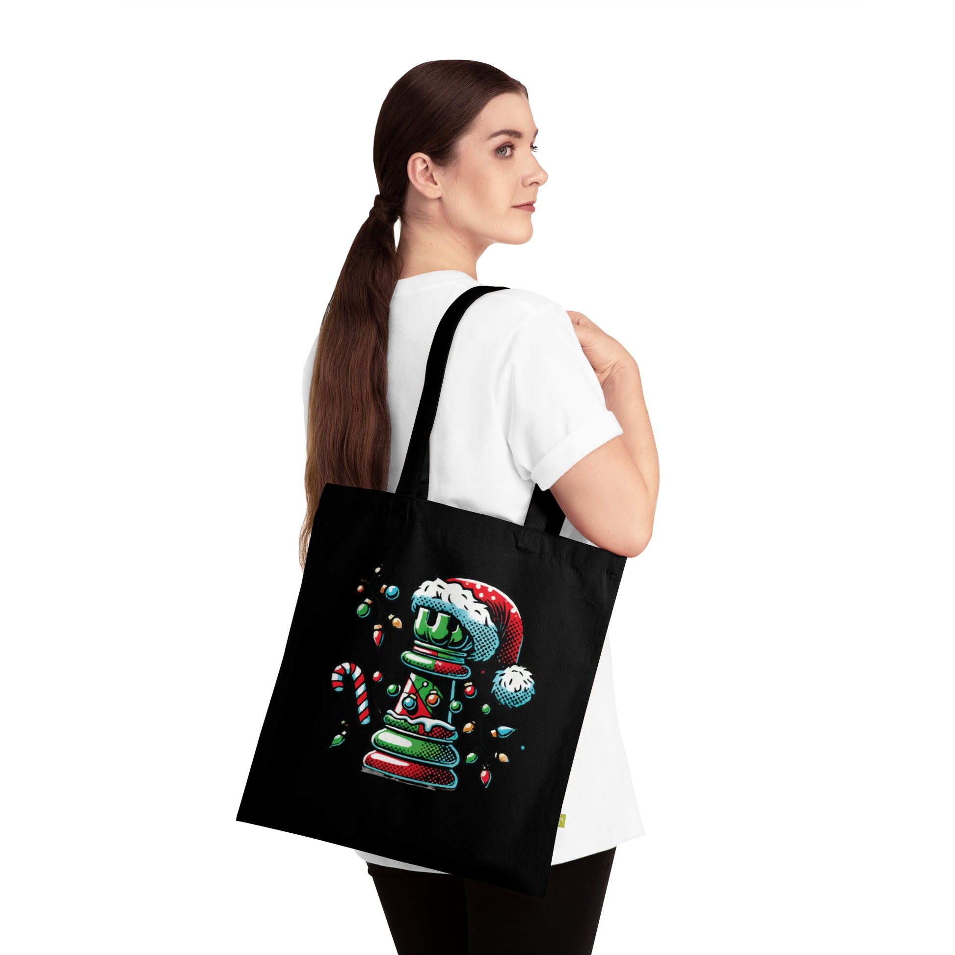 Bolsa Tote de Algodón Orgánico – Torre de Ajedrez Estilo Pop Art Navideño   Bags