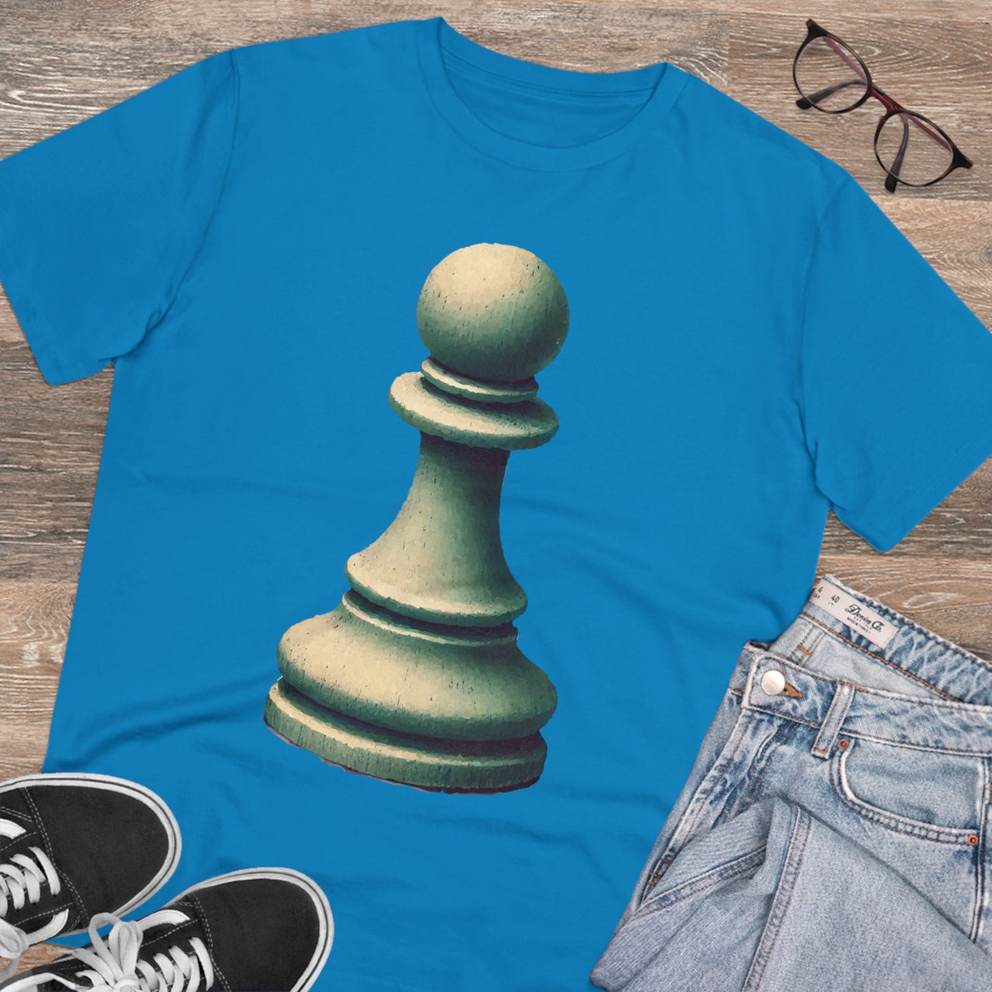 “Organic Unisex T-Shirt – Vintage Pawn Design, 100% Organic Cotton”   T-Shirt  33.00 Azur-2XL