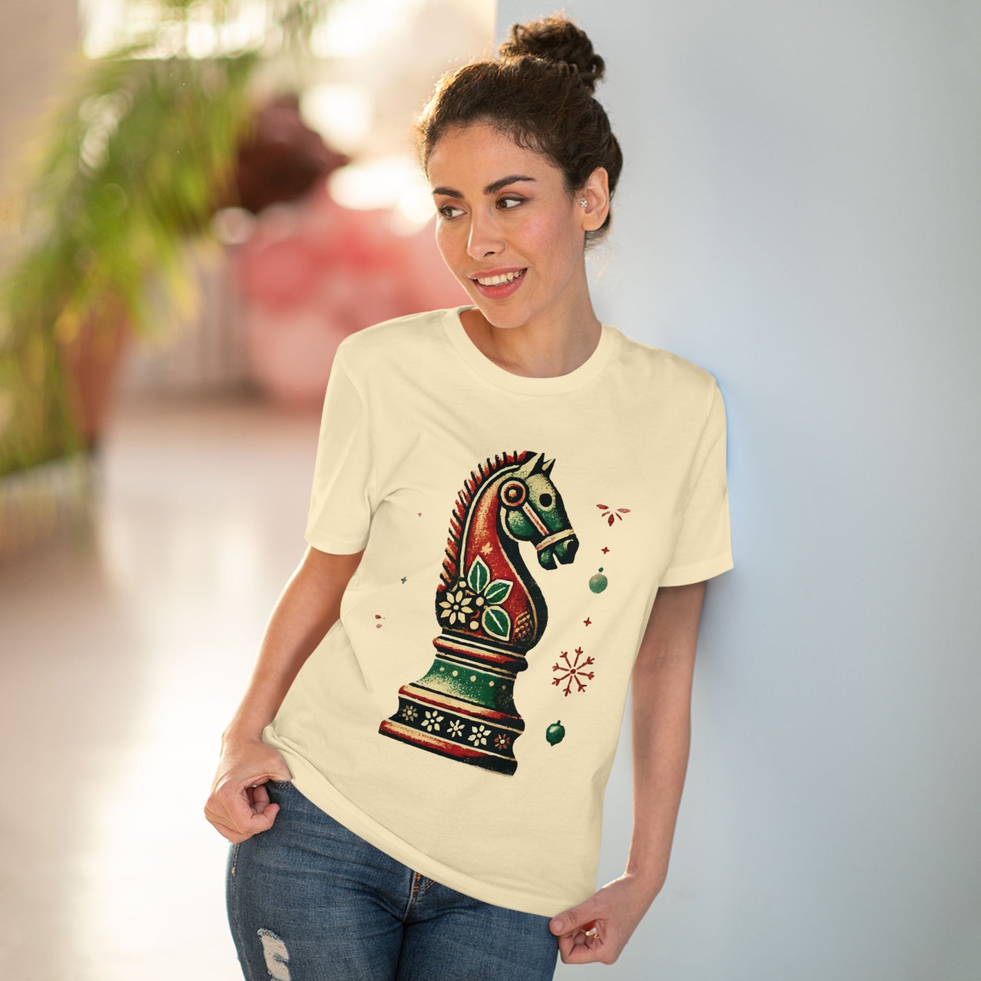 Camiseta Unisex de Algodón Orgánico con Diseño de Caballo Vintage Navideño   T-Shirt