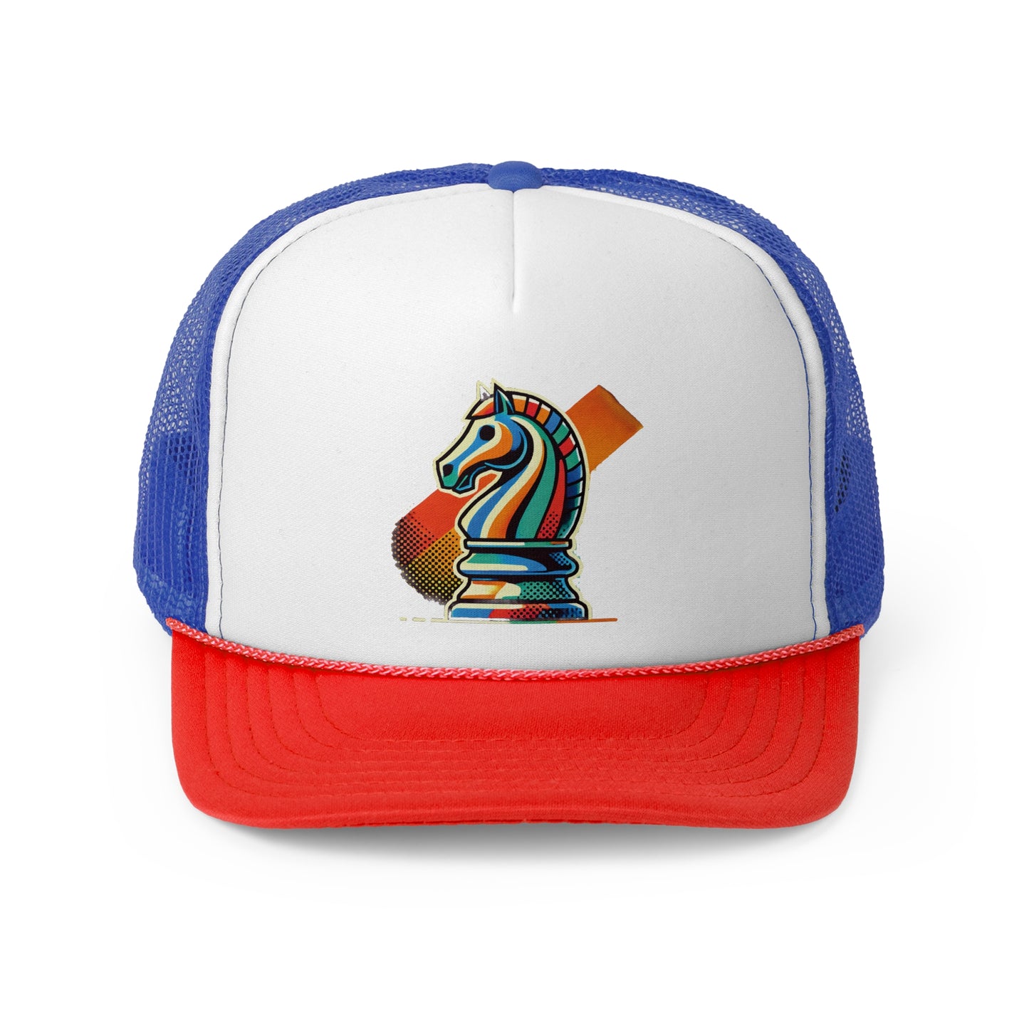 “Trucker Cap Pop Art con diseño de caballo ajedrez – Ajustable y ligera”   Hats  27.00 Blue-Red-One-size