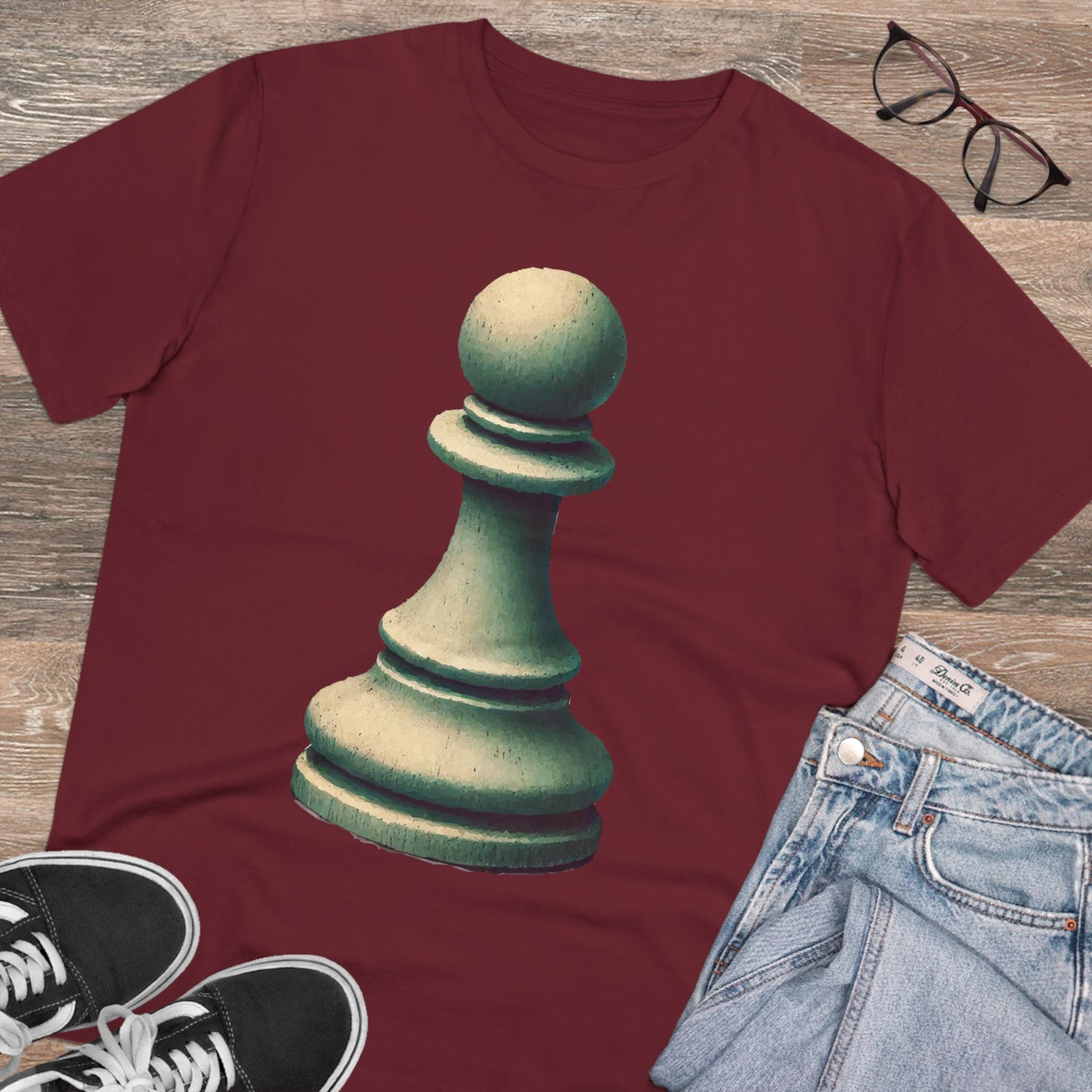 “Organic Unisex T-Shirt – Vintage Pawn Design, 100% Organic Cotton”   T-Shirt  33.00 Burgundy-2XL