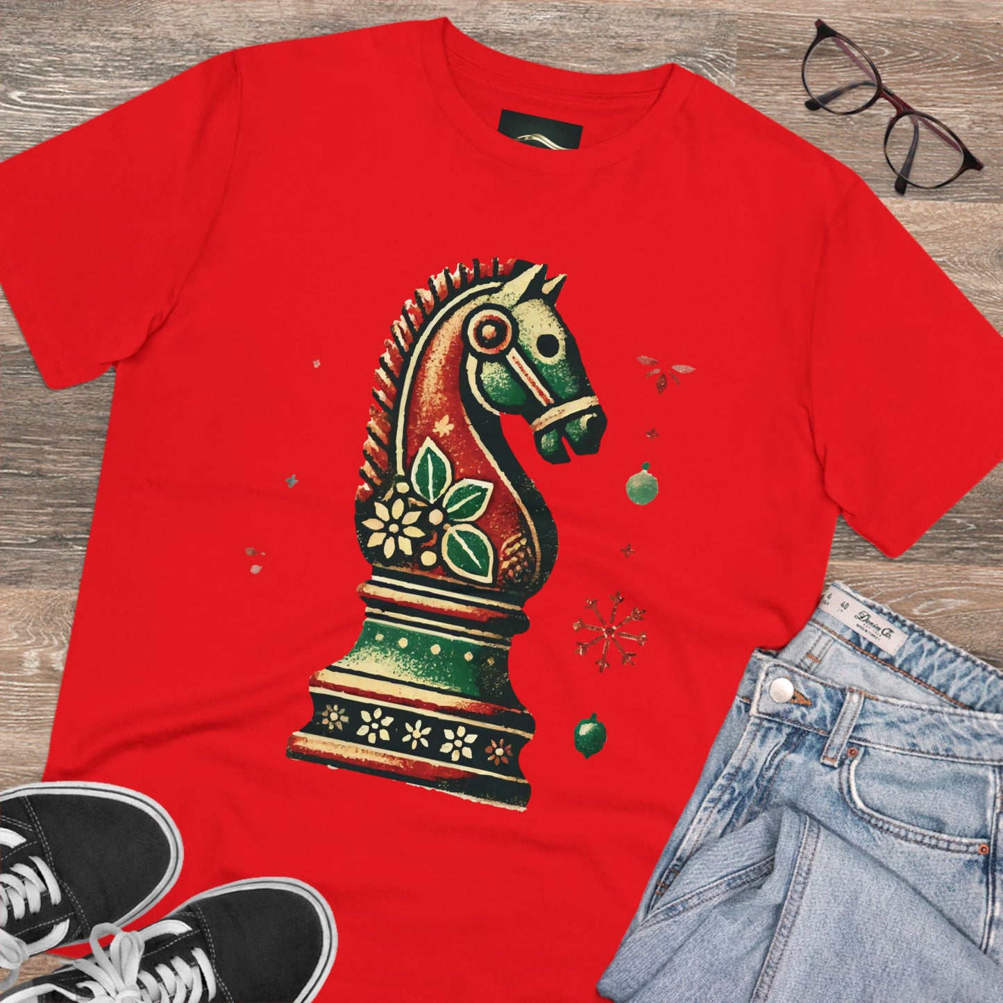 Camiseta Unisex de Algodón Orgánico con Diseño de Caballo Vintage Navideño   T-Shirt