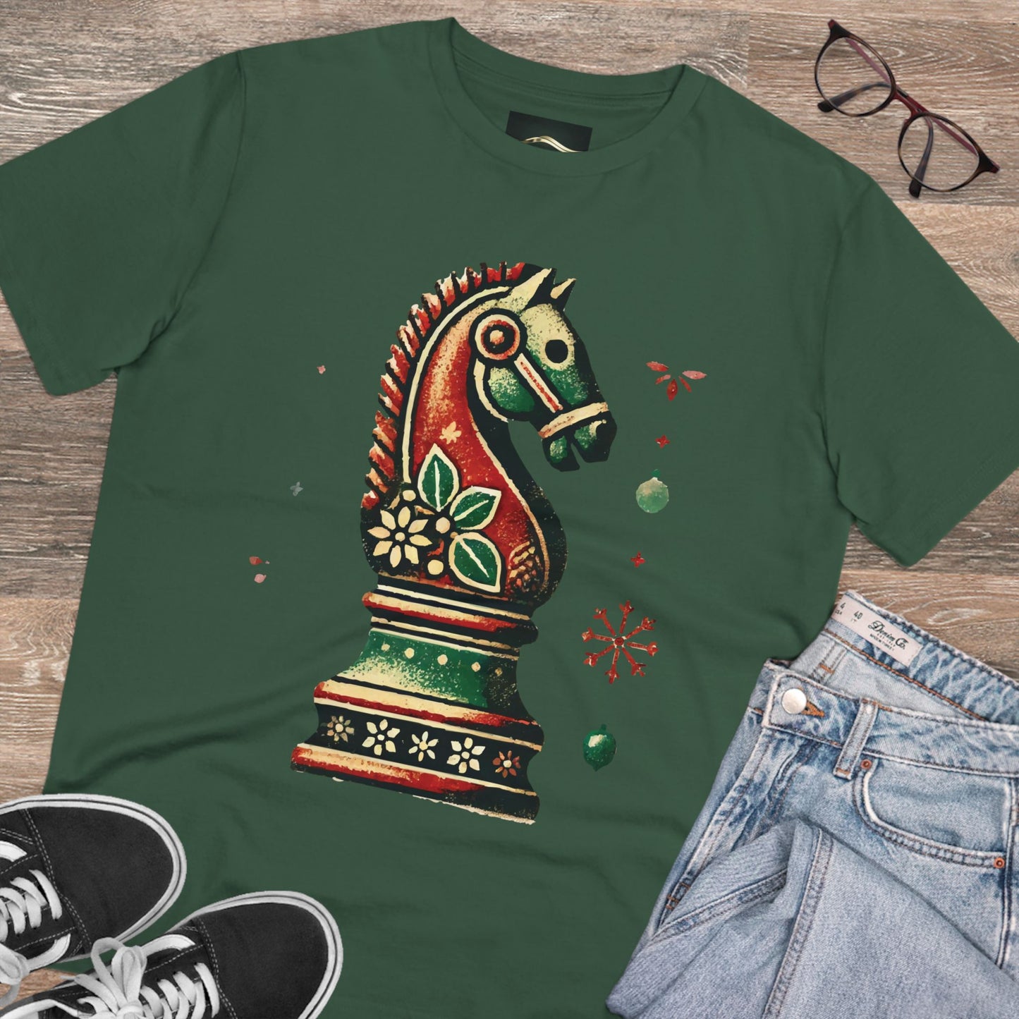 Camiseta Unisex de Algodón Orgánico con Diseño de Caballo Vintage Navideño   T-Shirt  27.00 Bottle-Green-S