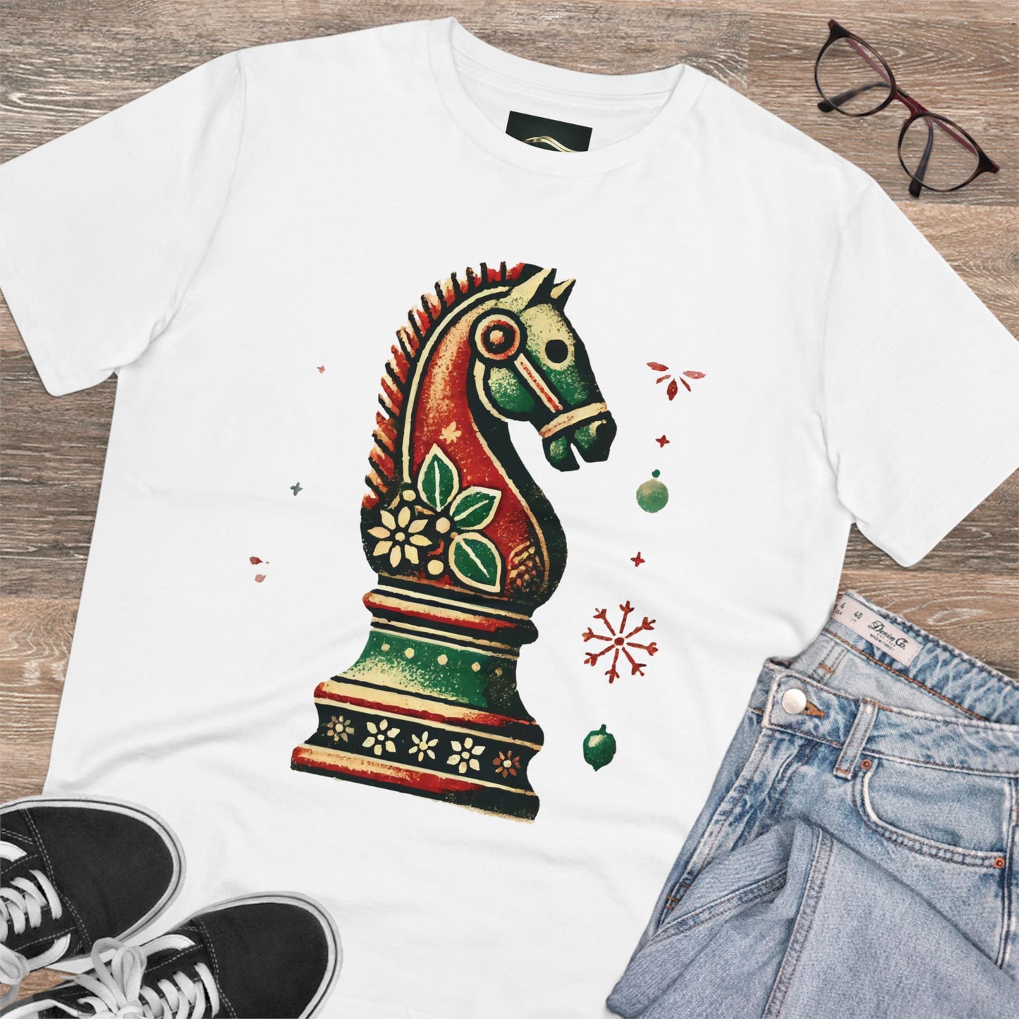 Camiseta Unisex de Algodón Orgánico con Diseño de Caballo Vintage Navideño   T-Shirt  27.00 White-5XL