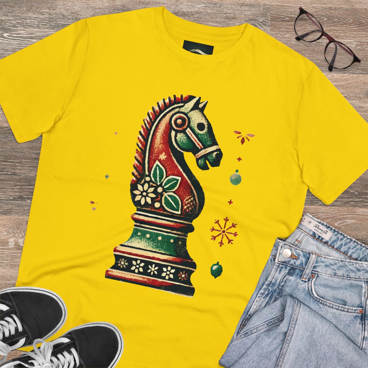 Camiseta Unisex de Algodón Orgánico con Diseño de Caballo Vintage Navideño   T-Shirt