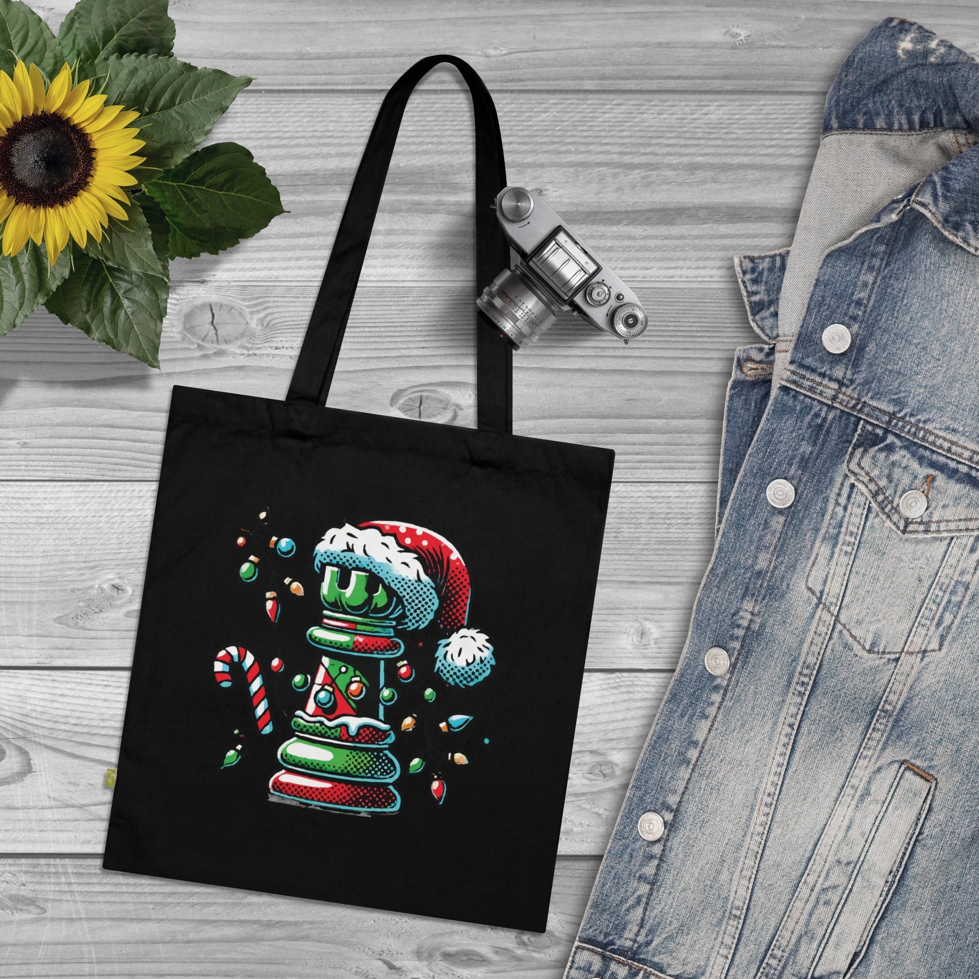 Bolsa Tote de Algodón Orgánico – Torre de Ajedrez Estilo Pop Art Navideño   Bags