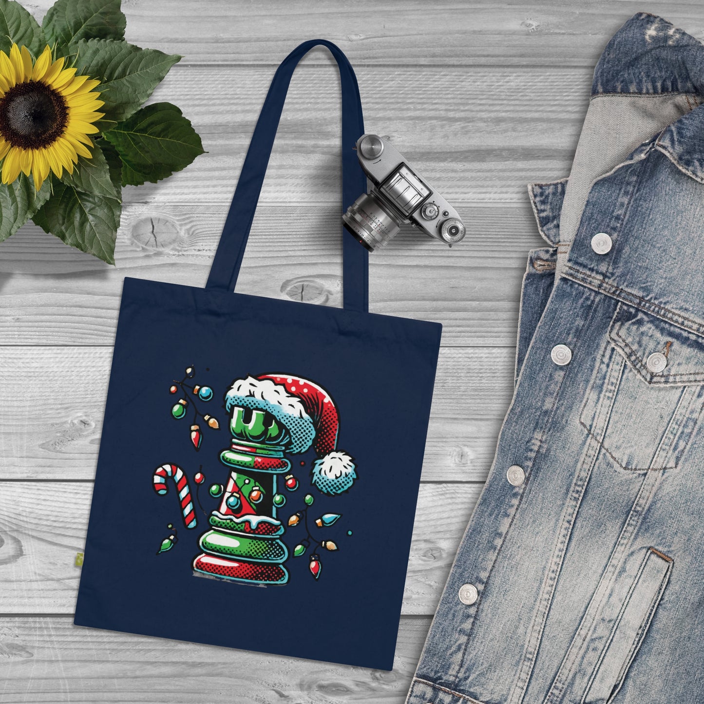 Bolsa Tote de Algodón Orgánico – Torre de Ajedrez Estilo Pop Art Navideño   Bags