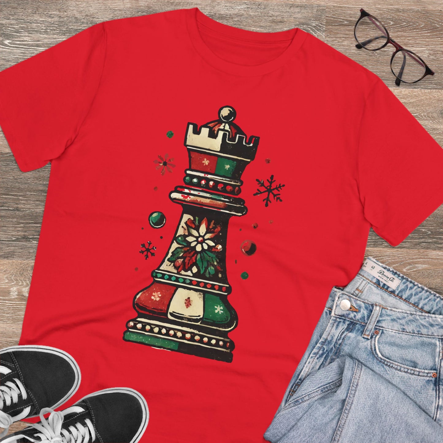 Camiseta Unisex Orgánica Torre de Ajedrez Vintage Navideña - Edición Festiva   T-Shirt