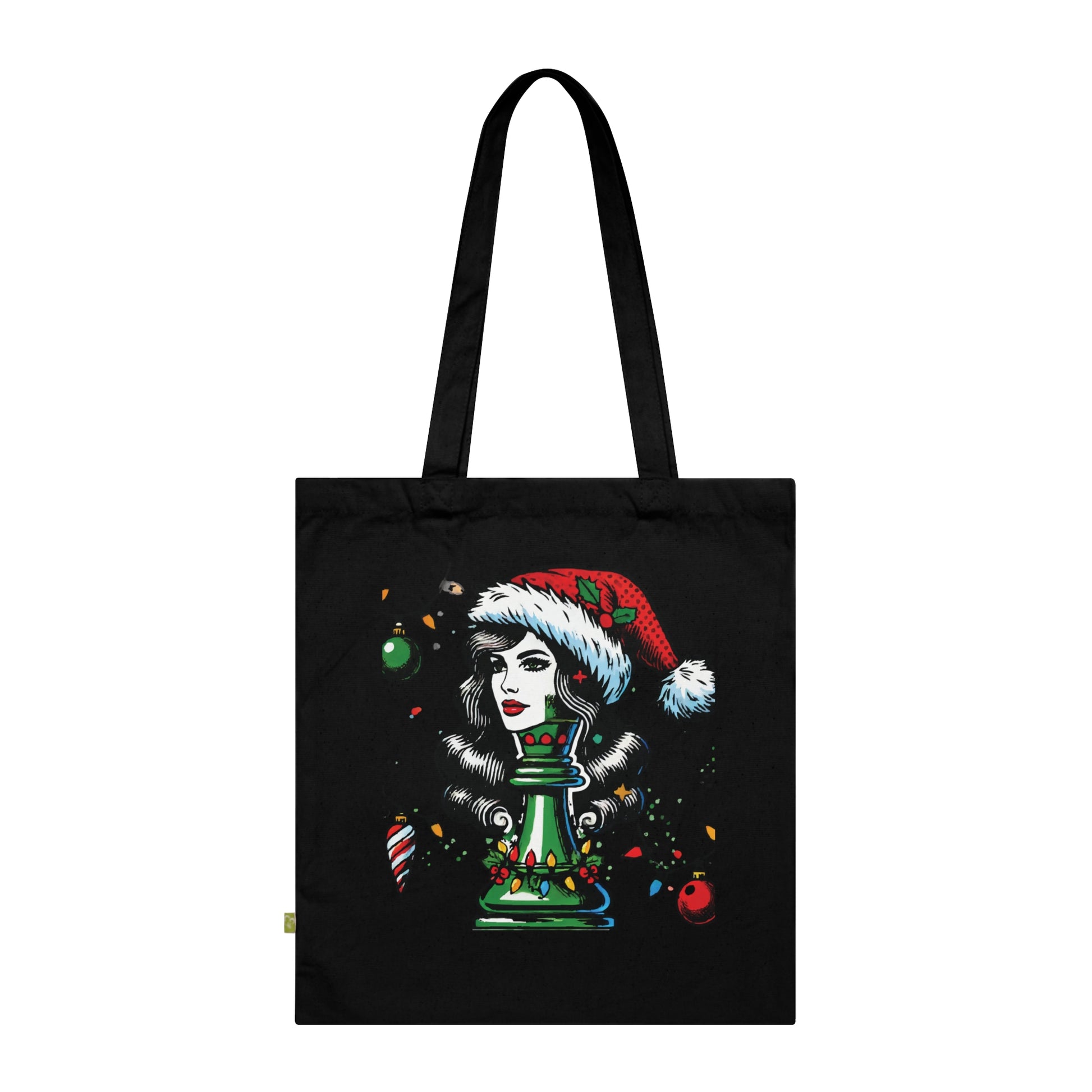 Bolso Tote de Algodón Orgánico con Asa Larga - Pop Art Reina Navideño   Bags  24.00 Black-15-x-16.5