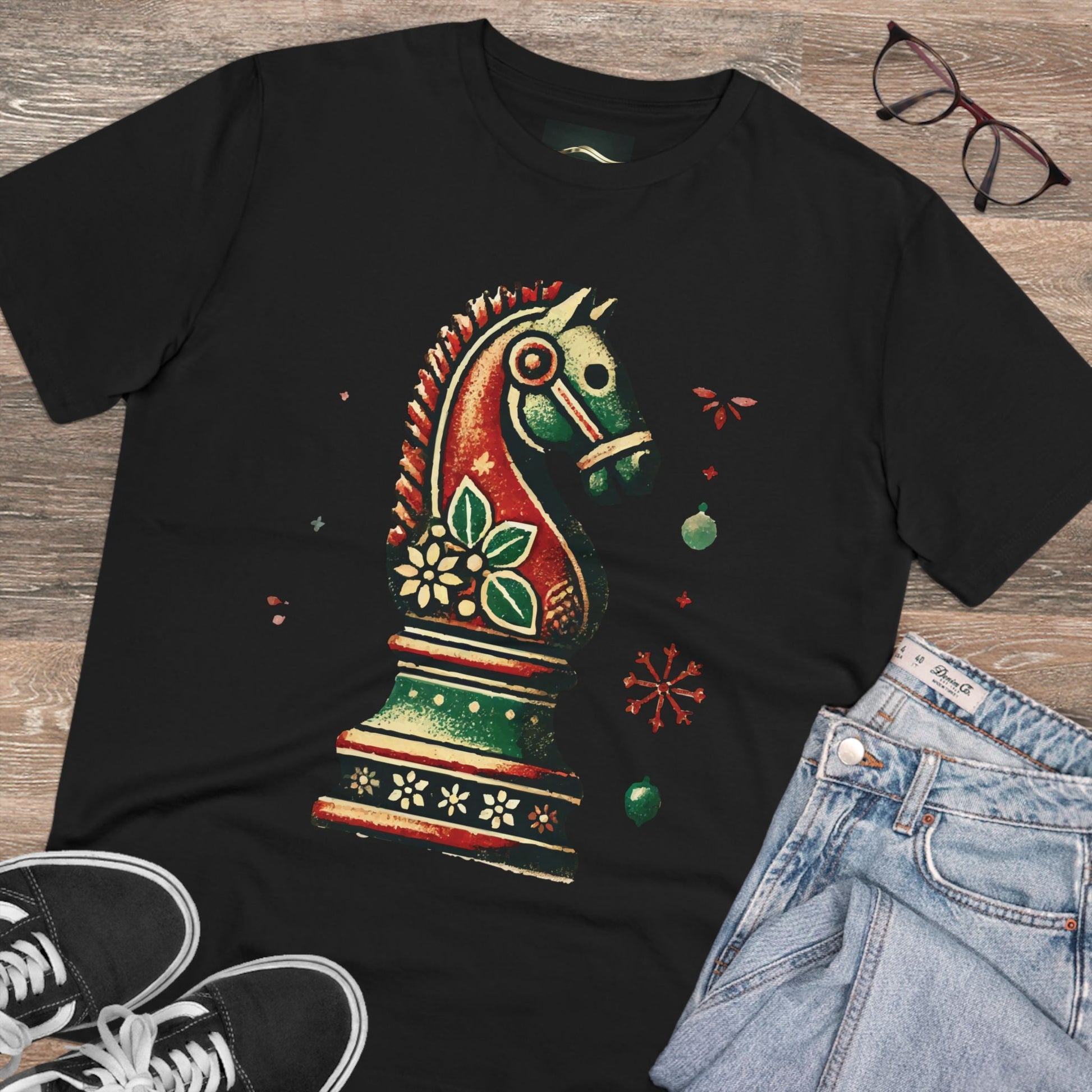 Camiseta Unisex de Algodón Orgánico con Diseño de Caballo Vintage Navideño   T-Shirt  27.00 Black-5XL