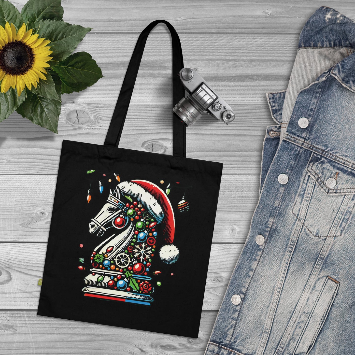 Bolso de Algodón Orgánico – Caballo de Ajedrez Navideño en Pop Art   Bags