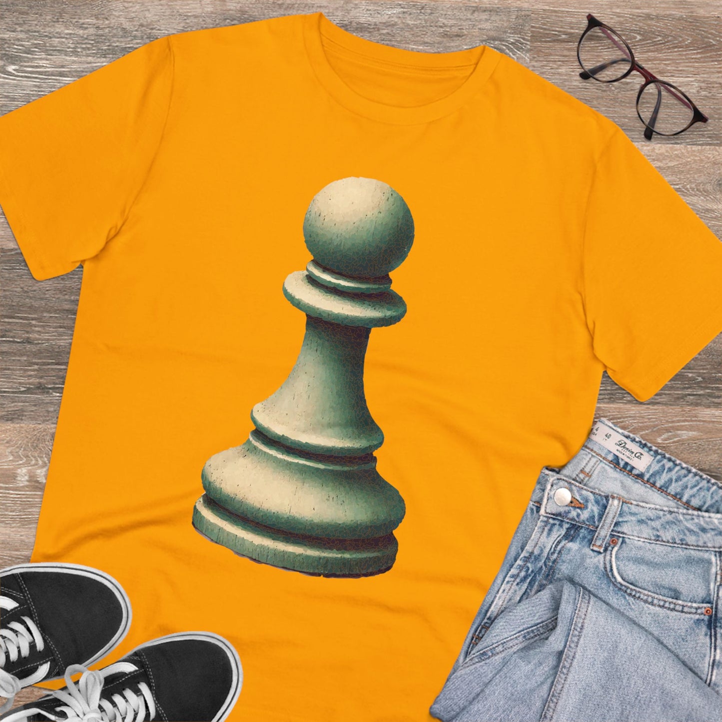 “Organic Unisex T-Shirt – Vintage Pawn Design, 100% Organic Cotton”   T-Shirt  33.00 Spectra-Yellow-2XL