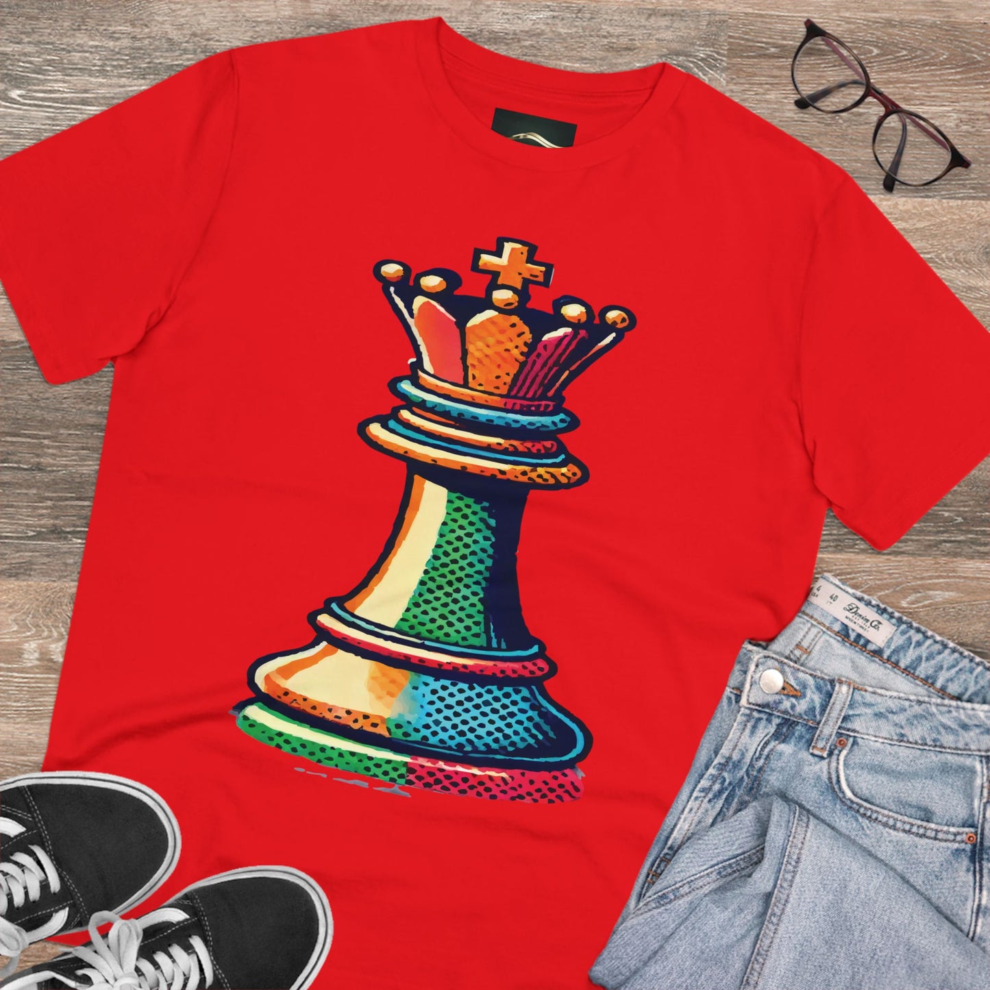 “Camiseta Unisex Rey de Ajedrez – Algodón Orgánico con Diseño Pop Art”   T-Shirt  33.00 Bright-Red-3XL