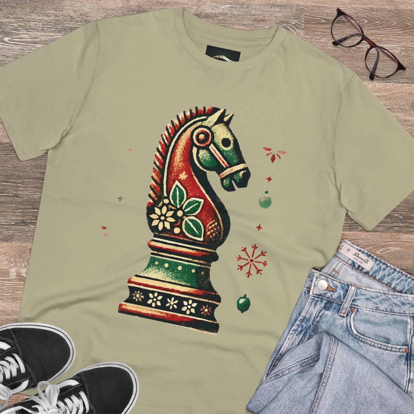 Camiseta Unisex de Algodón Orgánico con Diseño de Caballo Vintage Navideño   T-Shirt