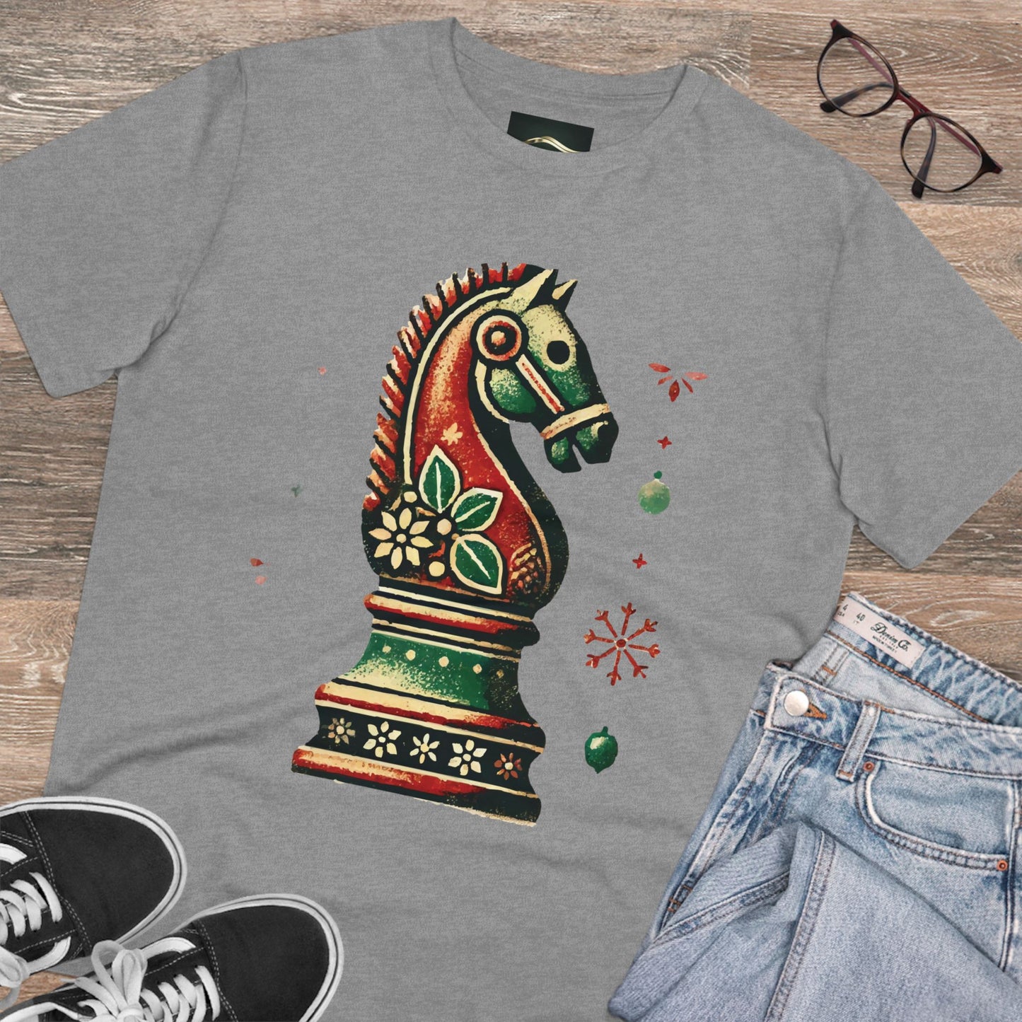 Camiseta Unisex de Algodón Orgánico con Diseño de Caballo Vintage Navideño   T-Shirt