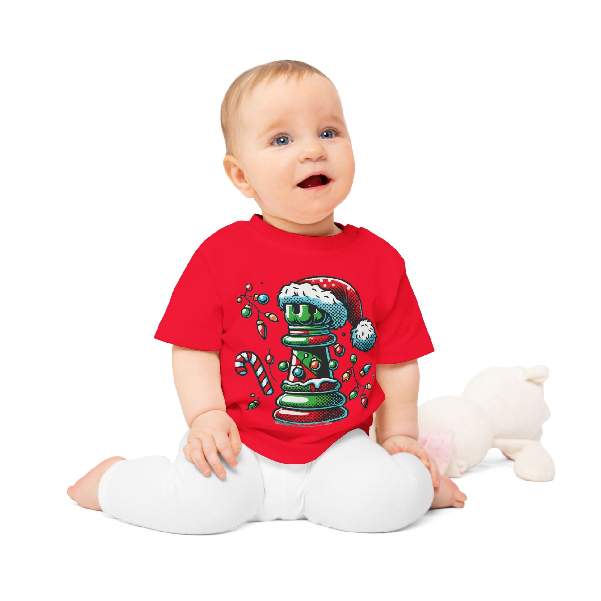 Camiseta de Bebé 100% Algodón Orgánico – Diseño Torre Ajedrez Pop Art Navideño   Kids clothes