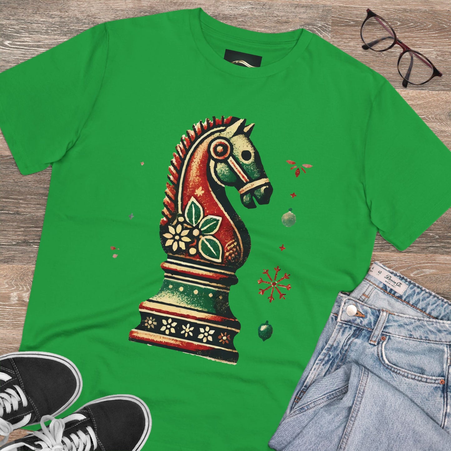 Camiseta Unisex de Algodón Orgánico con Diseño de Caballo Vintage Navideño   T-Shirt