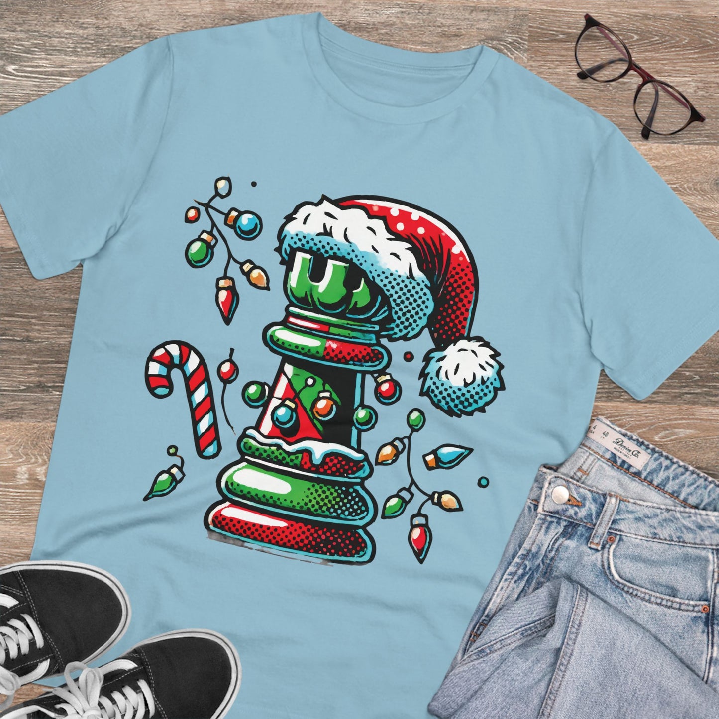 Organic Creator T-Shirt: Diseño de Torre de Ajedrez Pop Art Navideño   T-Shirt  27.00 Sky-Blue-2XL