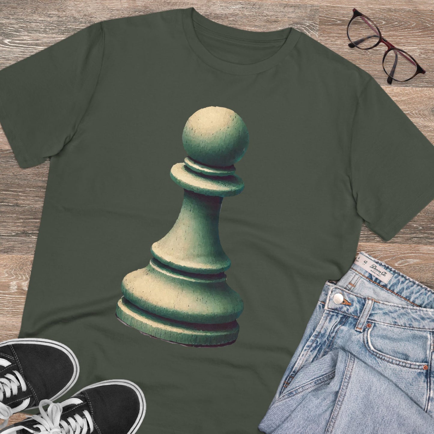 “Organic Unisex T-Shirt – Vintage Pawn Design, 100% Organic Cotton”   T-Shirt  33.00 Khaki-2XL