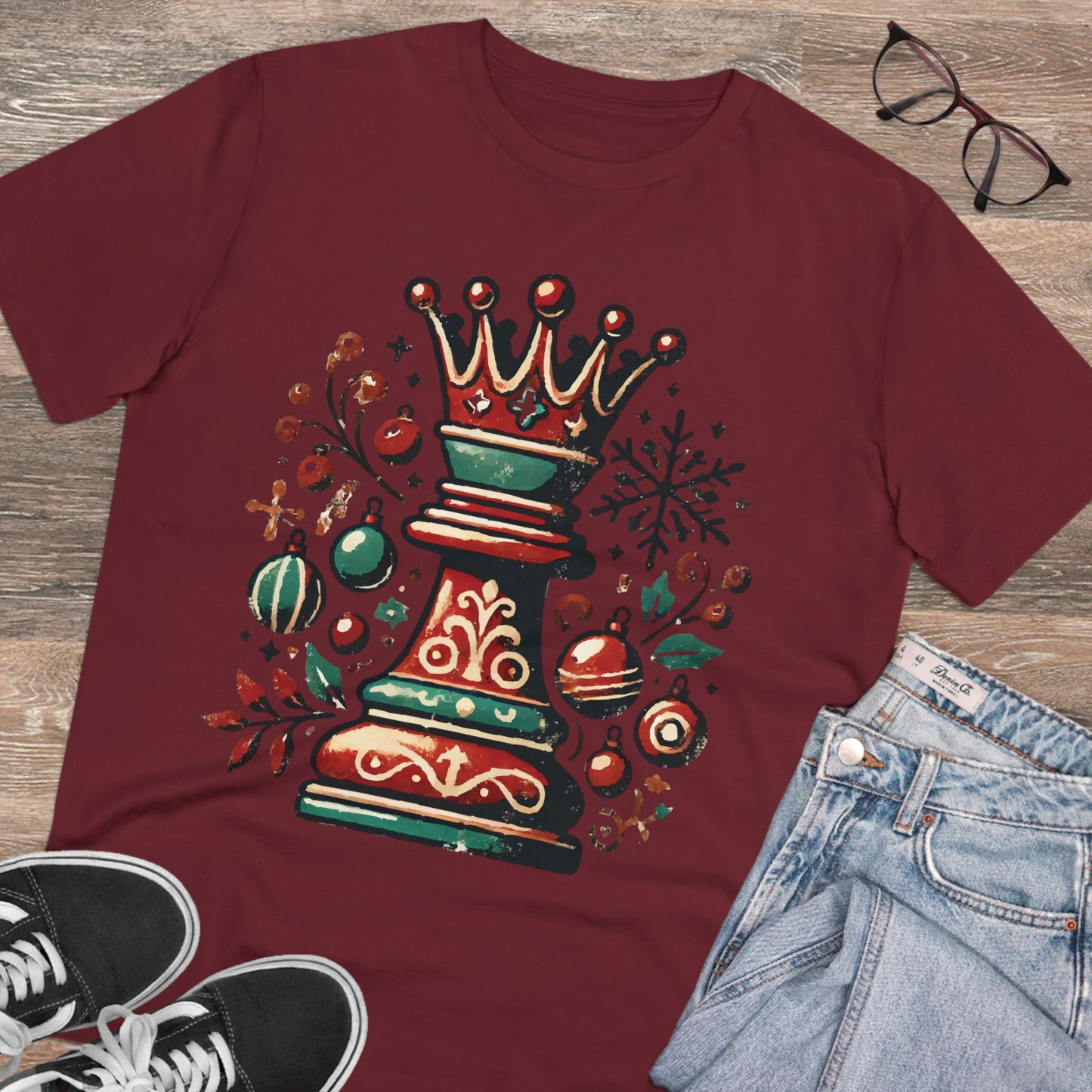 Camiseta Unisex Creador Orgánico con Diseño Reina Vintage Navideño   T-Shirt  27.00 Burgundy-2XL