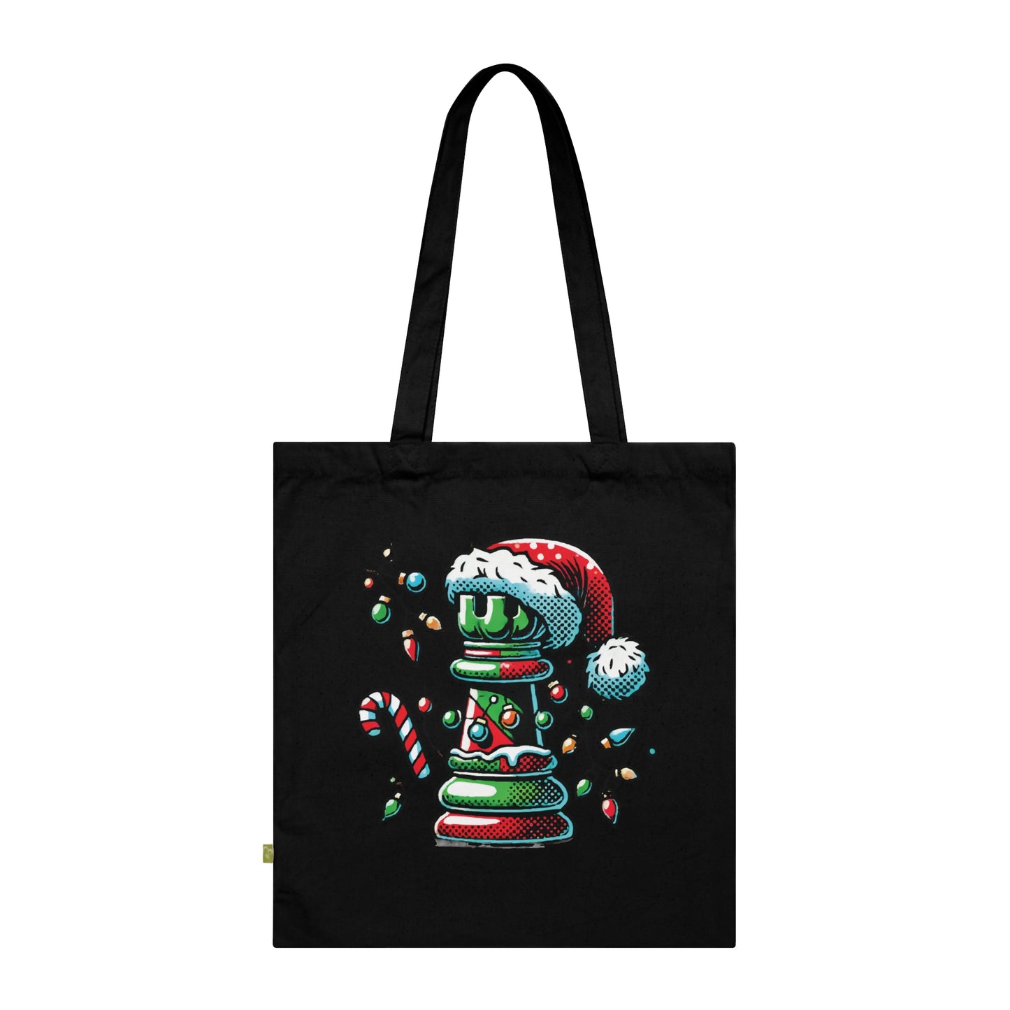 Bolsa Tote de Algodón Orgánico – Torre de Ajedrez Estilo Pop Art Navideño   Bags  24.00 Black-15-x-16.5