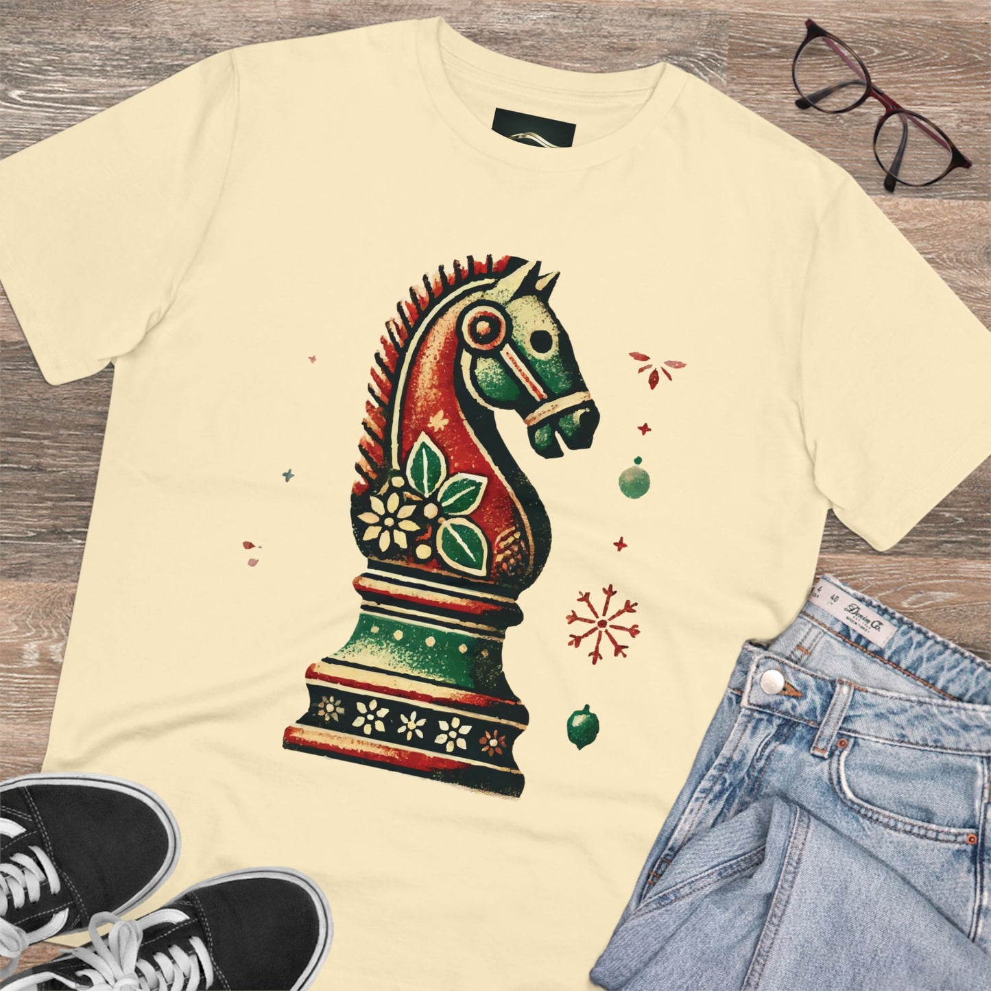 Camiseta Unisex de Algodón Orgánico con Diseño de Caballo Vintage Navideño   T-Shirt